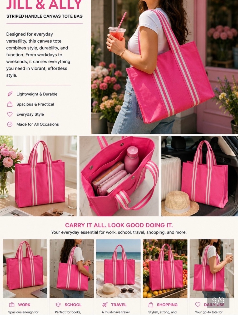 Pink Jill & Ally Striped Canvas Tote Bag
